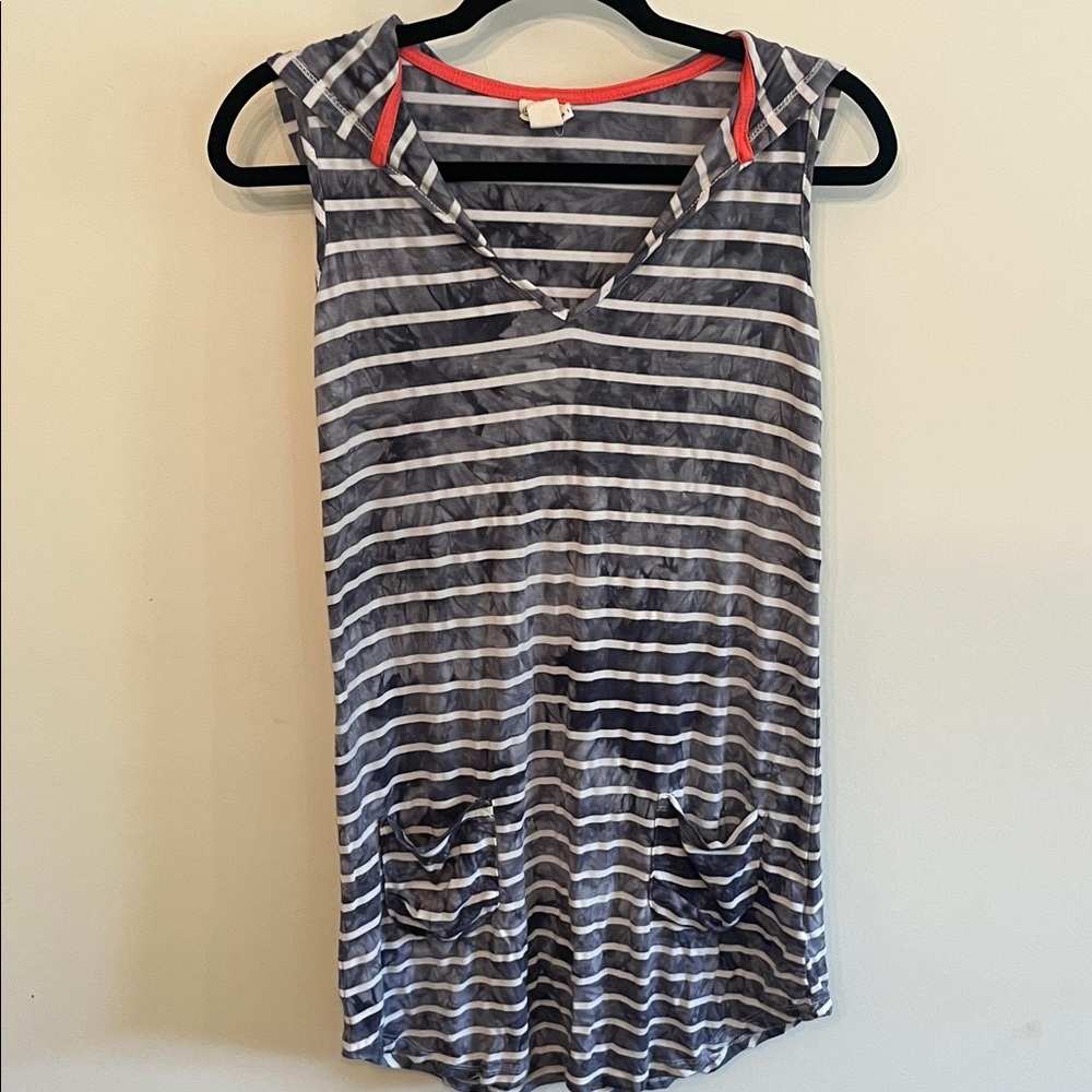 Akini Striped Navy and White Hooded Swim Coverup
